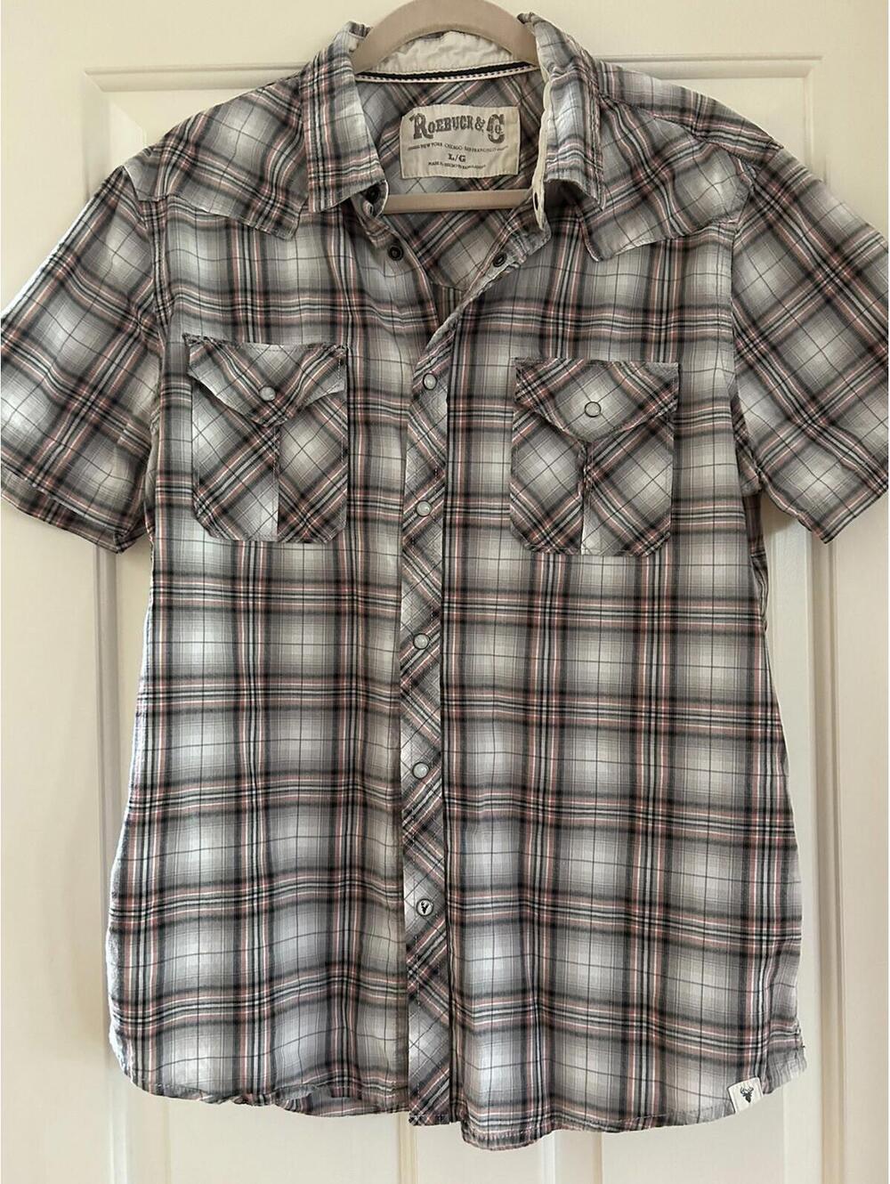 Roebuck & Co Pearl Snap Western Shirt Mens Large Plaid Short Sleeve Vintage